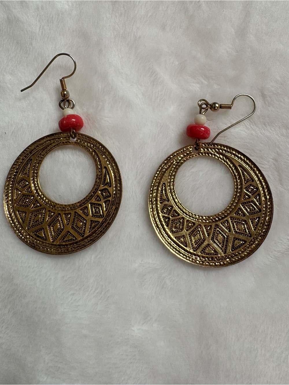 Gold Bohemian Hoop Earrings with Red Accent Beads